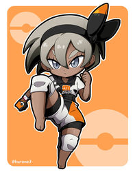  :&lt; artist_name barefoot bea_(pokemon) black_bodysuit black_hairband bodysuit bodysuit_under_clothes chibi clenched_hands closed_mouth collared_shirt commentary_request dark-skinned_female dark_skin dynamax_band eyelashes feet female full_body gloves grey_eyes grey_hair hair_between_eyes hairband knee_pads kurono leg_up orange_background poke_ball_symbol pokemon pokemon_swsh print_shirt print_shorts shirt short_hair short_sleeves shorts single_glove solo toes 