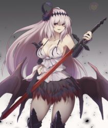  armor bare_shoulders black_gloves breasts cleavage collarbone dark_jeanne demon_girl demon_wings feathers female frills gloves gradient_background granblue_fantasy greaves hair_between_eyes highres holding holding_sword holding_weapon horns jeanne_d&#039;arc_(granblue_fantasy) light_purple_hair long_hair low_wings parted_lips red_eyes single_horn smile solo sword vambraces weapon wings yonaga_san 