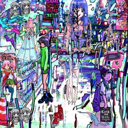  ace_akira akihabara_(tokyo) aqua_hair bag black_footwear black_legwear blue_hair blunt_bangs car city closed_mouth day frown gacha_gacha green_skirt hat high_heels holding holding_bag jaggy_lines light_purple_hair long_hair long_skirt looking_at_viewer motor_vehicle multiple_girls original overalls pink_legwear pink_shirt pleated_skirt poster_(object) puddle red_footwear shiny shirt shoes shopping_bag short_hair short_sleeves skirt standing standing_on_one_leg sunlight surreal traffic_cone twintails white_skirt 