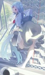  absurdres akausuko ass bag blue_hair commentary female hair_between_eyes hatsune_miku_(akausuko) highres long_hair necktie original parted_lips patterned red_eyes red_necktie school_uniform shoes socks solo tree twintails uniform very_long_hair white_bag white_footwear white_socks 