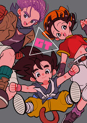  2boys absurdres ankle_boots aqua_socks arm_at_side bandana belt black_belt black_hair black_outline black_shirt blue_eyes boots brown_footwear brown_gloves brown_jacket cargo_shorts chains clenched_hands closed_mouth commentary copyright_name crop_top denim dot_nose dougi dragon_ball dragon_ball_gt female fingerless_gloves gloves grandfather_and_granddaughter grey_background grey_bandana grey_footwear grey_neckerchief highres jacket jeans kodama_(marugoto_omikan) loose_socks martial_arts_belt midriff monkey_tail multiple_boys navel neckerchief orange_bandana outline pan_(dragon_ball) pants pectorals pink_wristband purple_hair purple_legwear shirt shoe_soles shorts sideways_glance simple_background smile socks son_goku spiked_hair tail trunks_(dragon_ball) wristband yellow_pants 