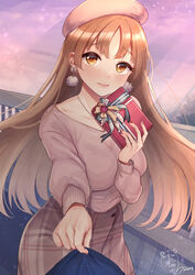  absurdres alternate_costume bad_id bad_pixiv_id beret brown_hair casual collarbone commentary_request earrings evening female fence gift grey_skirt hat heart heart_necklace high-waist_skirt highres jewelry light_rays long_hair long_sleeves looking_at_viewer mizuiro_32 nail_polish necklace nijisanji official_alternate_costume open_mouth parted_bangs pink_sweater plaid plaid_skirt pom_pom_(clothes) pom_pom_earrings sheet_grab signature sister_claire sister_claire_(4th_costume) skirt solo standing straight_hair sweater valentine very_long_hair virtual_youtuber yellow_eyes 