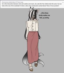  2022 absurd_res animal_humanoid black_hair canid canid_humanoid canine canine_humanoid clothing cookies_and_cream_(glacierclear) digital_media_(artwork) dipstick_tail dress english_text female footwear fox_humanoid foxtrot_(glacierclear) glacierclear grey_background hair hair_over_eye happy hi_res humanoid mammal mammal_humanoid markings multi_tail multicolored_hair one_eye_obstructed sandals simple_background slight_smile smile tail tail_markings text vitiligo white_hair 