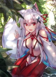  absurdres animal_ear_fluff animal_ears bare_shoulders bikini blurry blurry_foreground breasts cleavage clothing_cutout commentary_request depth_of_field detached_sleeves female fox_ears fox_girl fox_tail hair_between_eyes hair_ornament hakama hakama_pants highres japanese_clothes long_hair long_sleeves looking_at_viewer medium_breasts mizuhiki murasame_shia original pants red_eyes red_hakama ribbon-trimmed_sleeves ribbon_trim solo swimsuit tail thigh_cutout very_long_hair water white_bikini white_hair white_sleeves wide_sleeves x_hair_ornament 