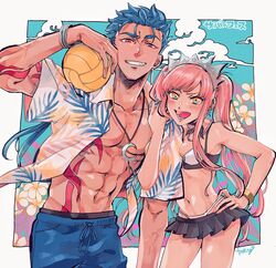  1boy :d aqua_eyes arm_hug arm_tattoo ball bikini black_skirt blue_hair blue_shorts bracelet chest_tattoo cowboy_shot crescent crescent_necklace cu_chulainn_(fate) cu_chulainn_(fate/stay_night) fate/grand_order fate_(series) female grin hair_strand hand_on_own_hip hawaiian_shirt highres jewelry long_hair looking_at_viewer male_swimwear medb_(fate) medb_(swimsuit_saber)_(fate) medb_(swimsuit_saber)_(second_ascension)_(fate) miniskirt multicolored_eyes necklace open_mouth pink_hair red_eyes shirt shorts sidelocks signature skirt smile standing swim_trunks swimsuit takara_hajimaru tattoo teeth thick_eyebrows tiara twintails veins veiny_arms volleyball volleyball_(object) yellow_eyes 