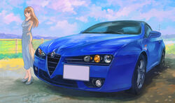  alfa_romeo alfa_romeo_brera blue_eyes brown_hair car female floating_hair high_heels highres long_hair momo_hiki motor_vehicle original outdoors personification sports_car vehicle_and_personification vehicle_focus 