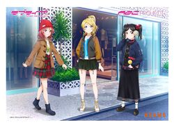  3girls absurdres ankle_boots ayase_eli bare_legs beanie bibi_(love_live!) black_footwear black_hair black_shirt black_skirt blonde_hair blue_eyes blue_footwear blue_jacket boots bow brown_coat choker closed_mouth coat converse copyright_name cross-laced_footwear earmuffs grin hairbow hand_on_own_hip hat highres jacket letterman_jacket loafers long_hair long_skirt looking_at_viewer love_live! love_live!_school_idol_project md5_mismatch medium_hair miniskirt multiple_girls murota_yuuhei nishikino_maki official_art outdoors parted_lips plaid plaid_skirt plant ponytail purple_eyes red_bow red_eyes red_hair red_headwear red_skirt road scrunchie shirt shoes shop skirt smile socks standing street t-shirt tree twintails white_footwear white_legwear white_scrunchie white_shirt window winter_clothes yazawa_nico 