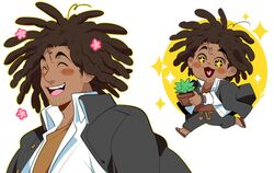  +_+ 1boy :3 :d bad_id bad_twitter_id black_jacket blush_stickers brown_hair chibi closed_eyes commentary danganronpa:_trigger_happy_havoc danganronpa_(series) dark-skinned_male dark_skin dreadlocks facial_hair hagakure_yasuhiro heart holding jacket jacket_on_shoulders long_hair male_focus moosopp multiple_views oerba_yun_fang open_mouth orange_shirt plant potted_plant shirt smile sparkle sparkling_eyes stubble symbol-only_commentary teeth upper_teeth_only white_background white_shirt yellow_background 