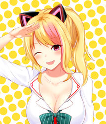  .live ;d absurdres arm_at_side arm_up blonde_hair blush bow breasts cleavage commentary_request dogxfish female green_bow hair_ornament highres large_breasts long_hair looking_at_viewer multicolored_hair nekonoki_mochi one_eye_closed open_mouth pink_eyes pink_hair polka_dot polka_dot_background salute shirt simple_background smile solo streaked_hair two-tone_hair upper_body virtual_youtuber white_shirt 