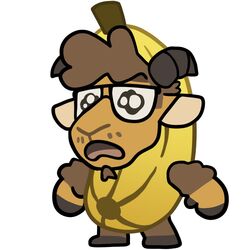  1:1 anthro banana banana_costume bovid brown_body brown_fur caprine chibi clothing costume curved_horn eyewear facial_hair food food_costume fruit fruit_costume fur glasses goatee horn male mammal moche_(mocheccino) mocheccino open_mouth plant sheep simple_background solo teary_eyes white_background wool_(fur) wool_hair 