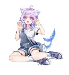  :d alternate_costume animal_ears bag blush blush_stickers cat_ears cat_girl claw_pose commentary_request cosplay ena1215 female fins fish_tail gawr_gura gawr_gura_(cosplay) handbag highres hololive hololive_english looking_at_viewer nekomata_okayu overall_shorts overalls purple_eyes purple_hair shark_tail shirt shoes short_hair simple_background smile sneakers socks solo striped_clothes striped_shirt t-shirt tail v-shaped_eyebrows virtual_youtuber wavy_hair white_background white_shirt white_socks 