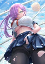  absurdres ass_visible_through_thighs azur_lane black_pantyhose black_skirt blue_ribbon breasts chain-link_fence clothes_lift covered_nipples crop_top crop_top_overhang day female fence from_below green_eyes hair_over_one_eye hair_ribbon highres large_breasts lifting_own_clothes long_hair looking_at_viewer looking_down manjuu_(azur_lane) miniskirt neckerchief official_alternate_costume outdoors panties panties_under_pantyhose pantyhose petals pleated_skirt purple_hair red_neckerchief ribbon shirt shirt_overhang short_sleeves skirt skirt_lift smartwatch solo thighband_pantyhose trieste_(azur_lane) trieste_(rooftop_lunch_break)_(azur_lane) underboob underwear uniform watch white_shirt wristwatch zusshii_(libertasgenesis) 