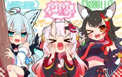  &gt;_&lt; &gt;_o 3girls ahoge animal_ear_fluff animal_ears ayafubumi_(hololive) bell black_bow black_hair black_shirt black_shorts black_skirt blush bow choker clinging closed_eyes commentary_request detached_sleeves double_bun earrings fox_ears fox_girl fox_tail gradient_hair green_eyes hair_bell hair_between_eyes hair_bun hair_ornament hairbow hairclip highres hololive hood hoodie horns jewelry long_hair looking_at_viewer mask multicolored_hair multiple_girls nakiri_ayame nakiri_ayame_(1st_costume) necktie one_eye_closed oni_mask ookami_mio ookami_mio_(1st_costume) open_mouth pleated_skirt red_hair red_necktie sakuramochi_(sakura_frappe) shirakami_fubuki shirakami_fubuki_(1st_costume) shirt short_shorts shorts sidelocks skin-covered_horns skirt sparkle streaked_hair tail translation_request tree v-shaped_eyebrows virtual_youtuber white_hair white_hoodie wolf_ears wolf_girl yellow_eyes 