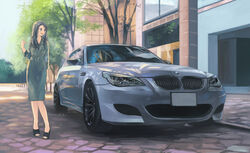  black_hair blue_eyes bmw car dress female green_dress highres looking_to_the_side momo_hiki motor_vehicle open_mouth original personification sports_car tree vehicle_and_personification vehicle_focus 