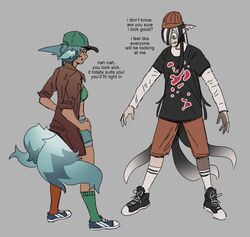  2022 alternate_costume animal_humanoid anthro baseball_cap beanie canid canid_humanoid canine canine_humanoid clothing cookies_and_cream_(glacierclear) english_text female footwear fox_humanoid foxtrot_(glacierclear) grey_background had_my_way hair hair_over_eye hat headgear headwear hi_res humanoid mammal mammal_humanoid mint_chip_(glacierclear) multi_tail one_eye_obstructed shoes simple_background sneakers socks tail text tomboy vitiligo 