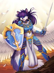  2019 anthro armor black_nose blue_eyes canid canine canis clothed clothing detailed_background digital_media_(artwork) feathered_wings feathers female hair hi_res holding_melee_weapon holding_object holding_sword holding_weapon ketty lucia_(grey_wolf_570) mammal melee_weapon open_mouth purple_hair shield solo standing sword teeth tongue weapon wings wolf 