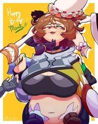  ! !! animal_ear_fluff animal_ears artist_name belly belly_grab blush border breasts brown_hair center_opening character_name cleavage collar cropped_hoodie drawstring drop_shadow edie_crop_hoodie english_text female fingerless_gloves furrowed_brow glasses gloves green_eyes green_nails happy_birthday headpat highres hood hoodie indie_virtual_youtuber large_breasts long_sleeves looking_at_viewer meme_attire midriff mint_castella navel one_eye_closed open_mouth outside_border plump red-framed_eyewear rojeitox semi-rimless_eyewear simple_background solo_focus twitter_username upper_body virtual_youtuber white_border yellow_background 