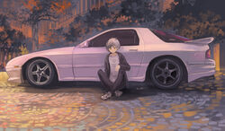  black_hoodie car cigarette english_text female highres holding holding_cigarette hood hoodie mazda mazda_rx-7 mazda_rx-7_fc momo_hiki motor_vehicle on_ground original personification sitting solo sports_car vehicle_and_personification vehicle_focus yellow_eyes 