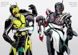  2boys 2girls :p absurdres akanbe antennae aqua_eyes aqua_hair armor as_(kamen_rider_01) belt black_hair blunt_bangs boots bow character_name eyelid_pull frown grey_background helmet highres holding_person hug humagear_headphones is_(kamen_rider_01) jacket kamen_rider kamen_rider_01_(series) kamen_rider_ark-zero kamen_rider_zero-one leg_hold lips lipstick long_hair long_sleeves makeup multicolored_hair multiple_boys multiple_girls parashima_tenko red_eyes red_hair rider_belt robot_ears short_hair simple_background streaked_hair tongue tongue_out two-tone_hair white_jacket 