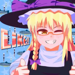  absurdres black_hat black_vest blonde_hair blue_background blush bow braid commentary_request cookie_(touhou) double_thumbs_up english_text female fish flute glasses grin hairbow hat hat_bow highres instrument kirisame_marisa long_hair looking_at_viewer one_eye_closed orange-framed_eyewear psychic_parrot purple_bow semi-rimless_eyewear shirt short_sleeves side_braid single_braid smile solo star_(symbol) thumbs_up touhou under-rim_eyewear upper_body uzuki_(cookie) vest white_shirt witch_hat yellow_eyes 