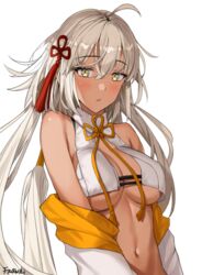  ahoge artist_name bare_shoulders bikini blush breasts cleavage dark-skinned_female dark_skin fate/grand_order fate_(series) female frown_(wonderland85711) grey_hair hair_ribbon jacket large_breasts looking_at_viewer navel okita_souji_(fate) okita_souji_alter_(swimsuit_saber)_(fate) okita_souji_alter_(swimsuit_saber)_(second_ascension)_(fate) open_clothes open_jacket parted_lips red_ribbon ribbon simple_background solo stomach swimsuit tassel underboob upper_body white_background white_bikini white_jacket yellow_eyes 