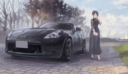  black_dress black_eyes black_footwear black_hair black_scarf car dress female hand_on_own_cheek hand_on_own_face high_heels highres holding holding_notepad looking_to_the_side momo_hiki motor_vehicle nissan nissan_370z nissan_fairlady_z notepad original outdoors personification scarf sports_car vehicle_and_personification vehicle_focus 