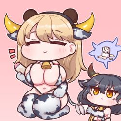  2girls :&lt; ajax_(last_origin) animal_ears animal_print bear_ears bell bikini blonde_hair blush breasts bulga chibi cleavage closed_eyes cow_print cow_print_bikini cow_tail cowbell extra_ears fake_animal_ears fake_horns frigga_(last_origin) hair_between_eyes horns huge_breasts last_origin multiple_girls navel neck_bell official_alternate_costume pink_background print_bikini simple_background smile swimsuit tail thighhighs 