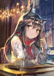  alternate_costume animal_ear_fluff animal_ears arknights black_hair blush brown_eyes cigarette commentary cup female grey_sweater hair_between_eyes hand_up highres holding holding_cigarette indoors long_hair long_sleeves looking_at_viewer mug night photoshop_(medium) seozo smoke solo steam sweater texas_(arknights) upper_body window wolf_ears 