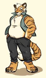  anthro belly chest_tuft clothed clothing collared_shirt fawnsdraws felid hand_in_pocket hands_in_both_pockets male mammal open_clothing open_shirt open_topwear pantherine pockets shirt solo standing tiger topwear tuft 