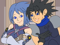  1boy aged_down aqua_(kingdom_hearts) armor bare_shoulders black_hair blue_eyes blue_hair commentary crisis_core_final_fantasy_vii crossed_arms english_commentary eye_contact eyelashes female final_fantasy final_fantasy_vii gloves ian_dimas kingdom_hearts kingdom_hearts_birth_by_sleep link:_the_faces_of_evil looking_at_another mixed-language_commentary nail_polish parody parted_lips photoshop_(medium) pillar portuguese_commentary smile spiked_hair style_parody the_legend_of_zelda the_legend_of_zelda_(cd-i) zack_fair 