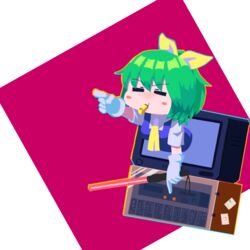  :t absurdres apple_(inmu) ascot blue_dress blush_stickers closed_eyes commentary cookie_(touhou) daiyousei diyusi_(cookie) dress eska_(cookie) female gloves green_hair hair_ribbon highres konpaku_youmu manatsu_no_yo_no_inmu medium_hair pink_background pointing psychic_parrot ribbon shirt solo television through_medium through_screen touhou traffic_baton two-tone_background upper_body whistle white_background white_gloves white_shirt yellow_ascot yellow_ribbon 