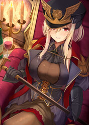  alcohol armchair bad_id bad_pixiv_id black_gloves black_pantyhose blonde_hair blue_oath blush bottle breasts candle cane chair commentary_request cross cup dress drinking_glass female gauntlets gloves hat highres kanzaki_kureha knees_up large_breasts looking_at_viewer medium_hair military military_hat military_uniform pantyhose prinz_eugen_(blue_oath) red_eyes sitting smile solo uniform wine wine_bottle wine_glass 