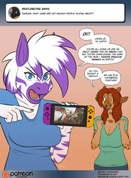  2019 amber_eyes anthro ask_blog blue_eyes breasts brown_hair cleavage clothed clothing conditional_dnp dialogue dialogue_box diamond_(kadath) digital_media_(artwork) duo ear_piercing electronics english_text equid equine female game_console giraffe giraffid hair holding_object kadath looking_at_viewer mammal multicolored_hair nintendo nintendo_switch open_mouth panzer_dragoon patreon patreon_logo piercing profanity puzzle_(kadath) sega speech_bubble talking_to_viewer text two_tone_hair url website_logo zebra 