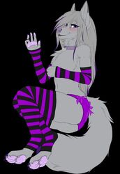  ammy_fluff_(character) anthro armwear ass bow_(feature) bow_in_back bow_panties bow_underwear canid canine canis chest_tuft clothed clothing clothing_bow collar collar_tag colored_edge_panties colored_nails crossdressing digital_media_(artwork) elbow_gloves femboy fluffy fox fur gloves grey_body grey_fur grey_lips hair handwear heart_collar_tag heart_symbol heart_tag hi_res highlights_(coloring) hybrid legwear lips long_hair male mammal nails panties panties_only pawpads pink_pawpads pinup pose purple_clothing purple_eyes purple_highlights purple_panties purple_underwear smile solo stockings text_in_heart topless tuft underwear underwear_only wolf xredpandax 