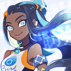  aqua_eyes aqua_hair armband black_hair character_name commentary_request dark-skinned_female dark_skin earrings eyelashes eyeliner female hoop_earrings jewelry long_hair makeup mayuzumi multicolored_eyes multicolored_hair necklace nessa_(pokemon) orange_eyes orange_hair pokemon pokemon_swsh portrait smile solo 