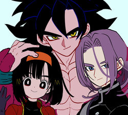  2boys abs aqua_wristband black_eyes black_gloves black_hair black_jacket blue_background blue_eyes body_fur buttons commentary dot_nose double-breasted dragon_ball dragon_ball_gt dragon_ball_heroes female fingernails gloves grandfather_and_granddaughter grin hairband hand_on_another&#039;s_head hand_up high_collar highres jacket kodama_(marugoto_omikan) looking_at_viewer low_ponytail messy_hair multiple_boys muscular muscular_male orange_hairband pan_(dragon_ball) pan_(xeno)_(dragon_ball) parted_bangs pectorals ponytail purple_hair red_jacket short_hair sideways_glance simple_background smile son_goku super_saiyan super_saiyan_4 trunks_(dragon_ball) trunks_(future)_(dragon_ball) trunks_(future)_(xeno)_(dragon_ball) wristband yellow_eyes 