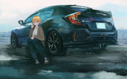  blue_eyes brown_hoodie car denim female highres honda honda_civic hood hoodie jeans looking_down momo_hiki motor_vehicle orange_hair original pants personification short_hair vehicle_and_personification vehicle_focus 