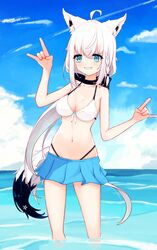  absurdres ahoge animal_ear_fluff animal_ears azur_lane bikini bikini_skirt blue_skirt blue_sky braid cloud cloudy_sky commentary_request day double_fox_shadow_puppet female fox_ears fox_girl fox_shadow_puppet green_eyes grin hair_between_eyes halterneck highleg highleg_bikini highres hololive long_hair looking_at_viewer navel ocean official_alternate_costume outdoors pentagram shirakami_fubuki shirakami_fubuki_(beachside_fox) shirotoma sidelocks single_braid skirt sky smile solo string_bikini swimsuit virtual_youtuber wading white_bikini white_hair 