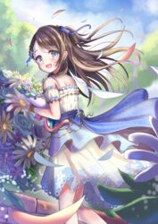  :d asymmetrical_bangs bare_shoulders black_hair blue_sky blurry blush bouquet commentary_request depth_of_field detached_sleeves dress earrings feet_out_of_frame female floating_hair flower frilled_sleeves frills garden highres holding holding_bouquet idolmaster idolmaster_cinderella_girls idolmaster_cinderella_girls_starlight_stage jewelry kurihara_nene looking_at_viewer looking_back open_mouth outdoors petals print_dress sky sleeveless sleeveless_dress smile solo takenaka_takeshi 