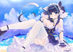  absurdres apron arm_support ass azur_lane beach black_footwear black_hair blue_eyes blue_sky blunt_bangs blurry bow bowtie breasts cheshire_(azur_lane) cleavage cloud cloudy_sky commentary_request day depth_of_field detached_collar detached_sleeves female fisheye garter_straps hair_ribbon hairbow high_heels highres horizon island knees_together_feet_apart looking_at_viewer maid maid_apron maid_headdress mountainous_horizon multicolored_hair ocean outdoors paw_pose ribbon scrunchie short_hair sidelocks sitting sky solo streaked_hair takumi_mizuki thighhighs two-tone_hair white_thighhighs wrist_scrunchie 