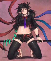  adapted_costume asymmetrical_wings barefoot black_hair black_nails bow bowtie breasts envenomist_(gengoroumaru) female hair_between_eyes head_tilt houjuu_nue kneeling long_hair looking_at_viewer midriff nail_polish navel nostrils one-hour_drawing_challenge pointy_ears polearm polearm_behind_back purple_background red_bow red_bowtie red_eyes shadow shorts simple_background sleeves_past_elbows small_breasts snake solo thighhighs toenail_polish toenails touhou v-shaped_eyebrows weapon wide_sleeves wings wristband 