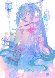  balabling blue_eyes blue_hair bottle female frills hair_ornament hatsune_miku heart heart_hair_ornament heart_print highres inline_skates intravenous_drip long_hair looking_at_viewer parted_lips ribbon roller_skates sitting skates smile solo twintails very_long_hair vocaloid yume_kawaii 