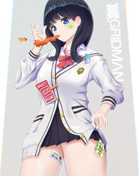  black_hair black_skirt blue_eyes bow bowtie cardigan cowboy_shot female grey_background gridman_universe hand_up highres long_hair long_sleeves looking_at_viewer mcg6 miniskirt mouth_hold orange_scrunchie pleated_skirt red_bow red_bowtie scrunchie shirt skirt solo ssss.gridman standing takarada_rikka teeth_hold thighs white_cardigan white_shirt wrist_scrunchie 