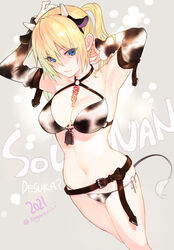  2021 animal_ears animal_print arm_warmers armpits bell belt bikini blonde_hair blue_eyes breasts chinese_zodiac cleavage closed_mouth commentary copyright_name cow_ears cow_horns cow_print cow_print_bikini cowbell cowboy_shot female horns light_smile looking_at_viewer navel official_art onishima_homare panties print_bikini sagara_riri side-tie_panties simple_background solo sounan_desuka? swimsuit twintails twitter_username underwear year_of_the_ox 