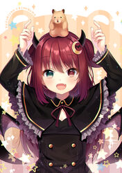  :d ahoge amahara_pekozaemon animal animal_on_head arms_up bat_hair_ornament black_capelet black_dress blue_eyes blush buttons capelet character_name commentary crescent crescent_hair_ornament demon_girl demon_horns demon_wings dress female frilled_capelet frilled_sleeves frills hair_between_eyes hair_ornament hamster hands_up heterochromia highres horns long_hair long_sleeves looking_at_viewer nijisanji oerba_yun_fang on_head open_mouth red_eyes red_hair smile solo star_(symbol) two_side_up upper_body virtual_youtuber wings yuzuki_roa yuzuki_roa_(1st_costume) 