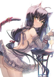  ahoge animal_ear_fluff animal_ears ass back backless_dress backless_outfit bare_shoulders bell black_hair breasts cat_ears cat_girl cat_tail closed_mouth cowboy_shot cup dress drinking_glass fang_out female from_side grey_dress hair_between_eyes highres jingle_bell large_breasts leaning_forward long_hair long_sleeves looking_at_viewer looking_to_the_side oerba_yun_fang original red_ribbon ribbon seozo simple_background solo tail tail_bell tail_ornament tail_raised tail_ribbon twintails very_long_hair white_background yellow_eyes 