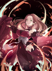  23@5 breasts brown_hair cleavage collar commentary_request corset dark_background detached_sleeves dorothea_arnault dress earrings female fire_emblem fire_emblem:_three_houses green_eyes highres jewelry large_breasts long_hair long_sleeves looking_at_viewer off-shoulder_dress off_shoulder open_mouth purple_dress red_dress simple_background solo standing tearing_up tears 