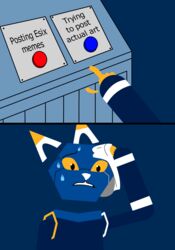  absurd_res ambiguous_gender anthro bodily_fluids daily_struggle e621 esix felid hi_res lineless looking_down mammal mascot meme pushbutton redcrystal simple_background solo sweat sweating_towel_guy text 