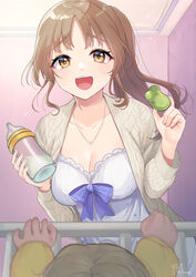  absurdres alternate_costume baby baby_bottle bad_id bad_pixiv_id bare_legs blush bottle breasts brown_cardigan camisole cardigan check_commentary collarbone commentary commentary_request female highres holding holding_bottle jacket jewelry light_brown_hair long_hair looking_at_viewer medium_breasts milk mizuiro_32 mother_and_child necklace nijisanji official_alternate_costume open_mouth pacifier pajamas parted_bangs pink_jacket ribbed_jacket shorts signature simple_background sister_claire sister_claire_(7th_costume) sleep_mask sleepwear smile solo_focus standing virtual_youtuber white_background yellow_eyes 