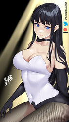  animification artist_name bare_shoulders black_choker black_gloves black_hair black_shorts blue_eyes breasts choker cleavage collarbone commentary copyright_request covered_navel damobelmont dc_comics elbow_gloves female fishnet_pantyhose fishnets gloves highres large_breasts long_hair looking_at_viewer micro_shorts pantyhose patreon_logo patreon_username shirt shorts sidelocks sitting smile solo strapless strapless_shirt thighs twitter_logo twitter_username very_long_hair white_shirt zatanna_zatara 